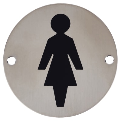 Ladies Toilet Door Sign - 75mm Diameter - Satin Stainless Steel