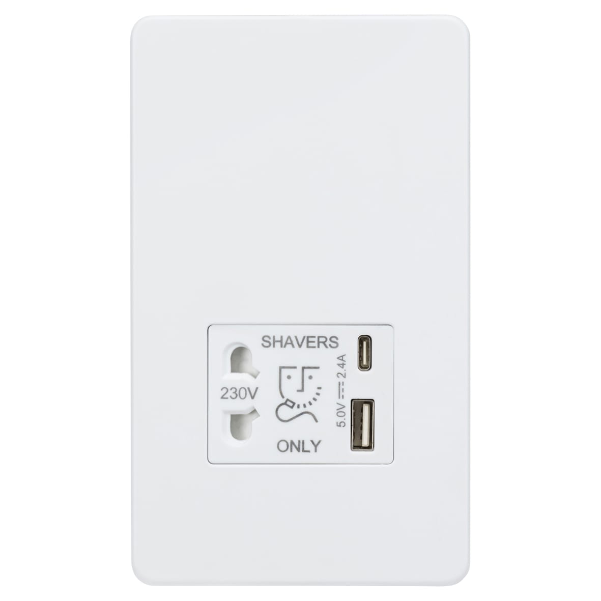 230V Shaver Socket with Type A/C USB Ports - 2.4A - Matt White