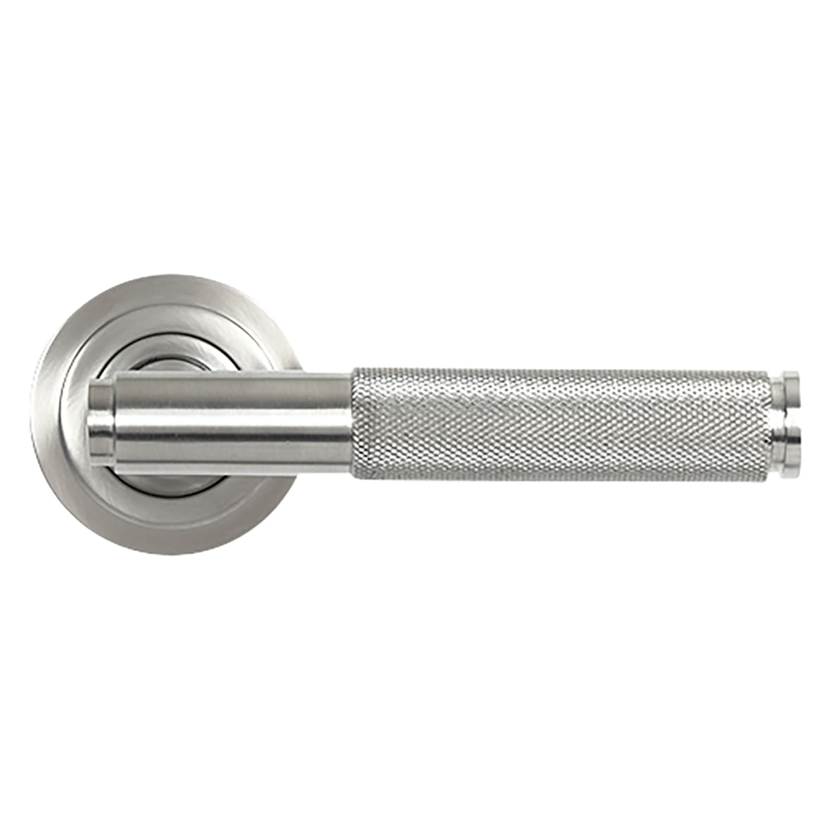 Satin Stainless Steel Knurled Door Handles on Round Art Deco Rose - Brompton Range