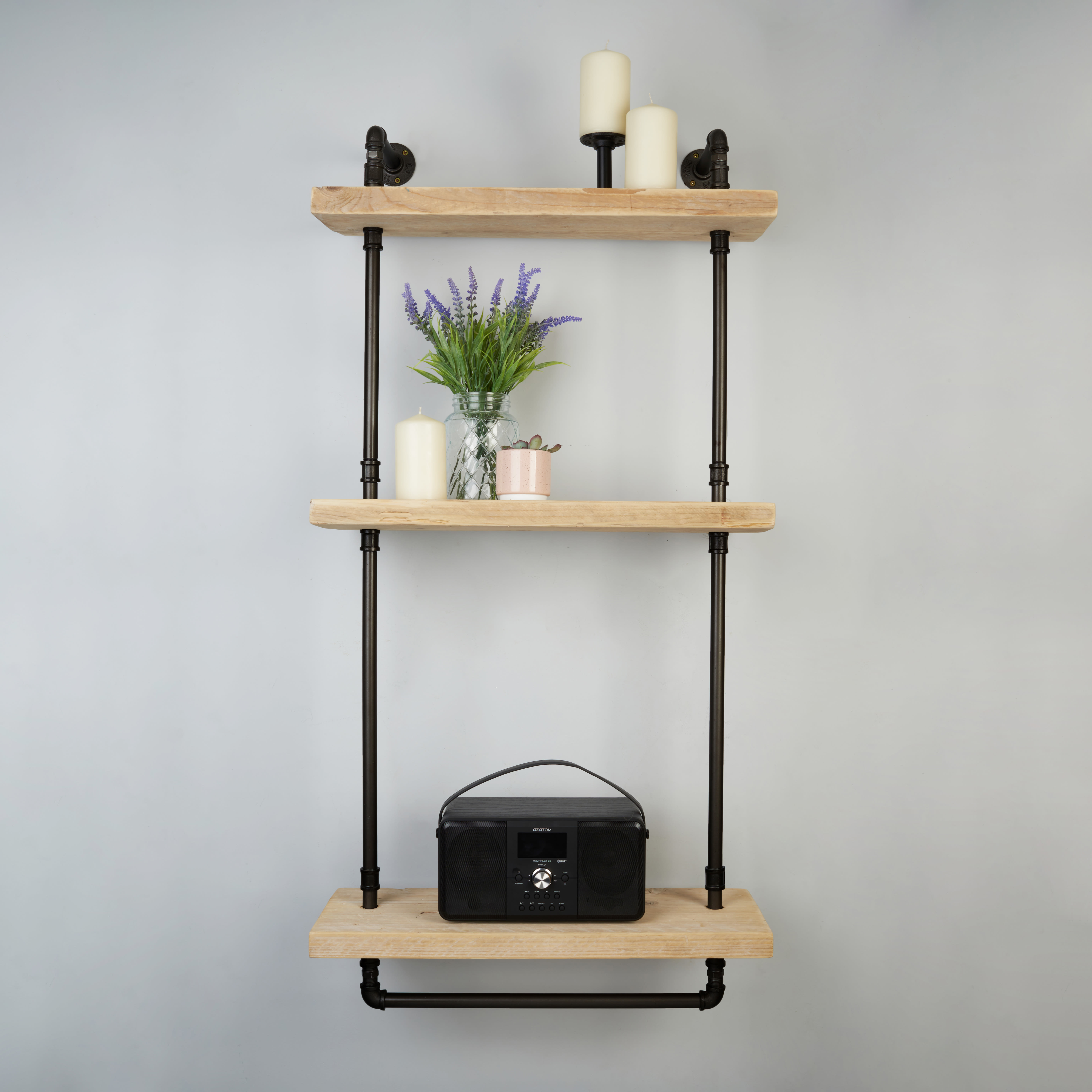 1/2" 3 Tier Drill Through Pipe Shelf Kit with Hanging Rail - Black