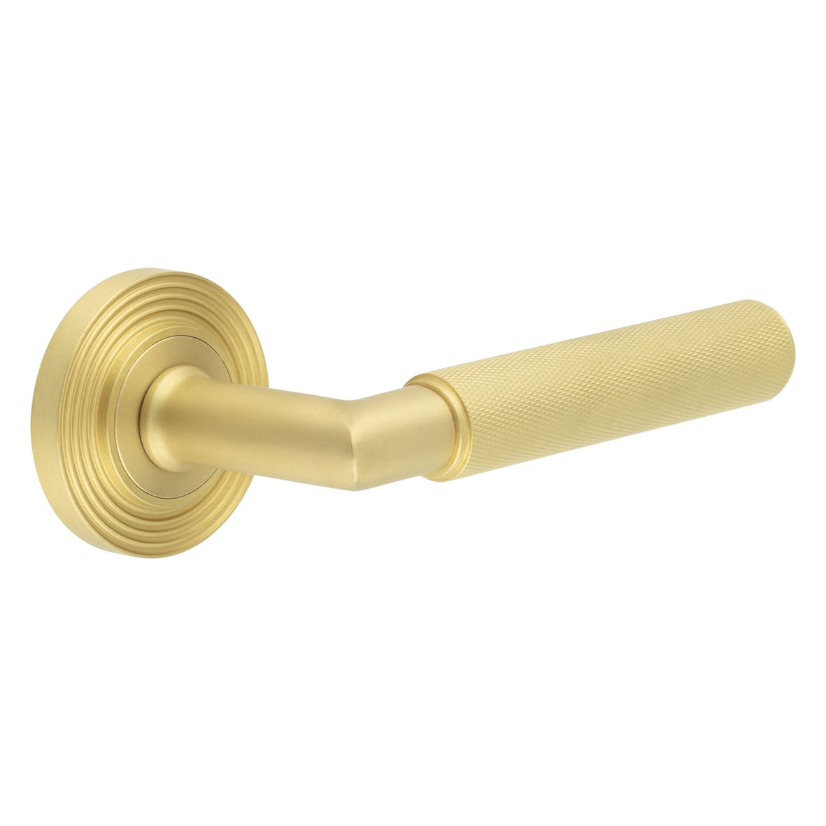 Satin Brass Knurled Fire Rated Door Handles on Round Reeded Rose - Piccadilly Range