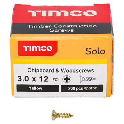 Solo Chippy Pozi Countersunk Wood Screws - 3.0 x 12mm - Yellow Zinc - Pack of 200