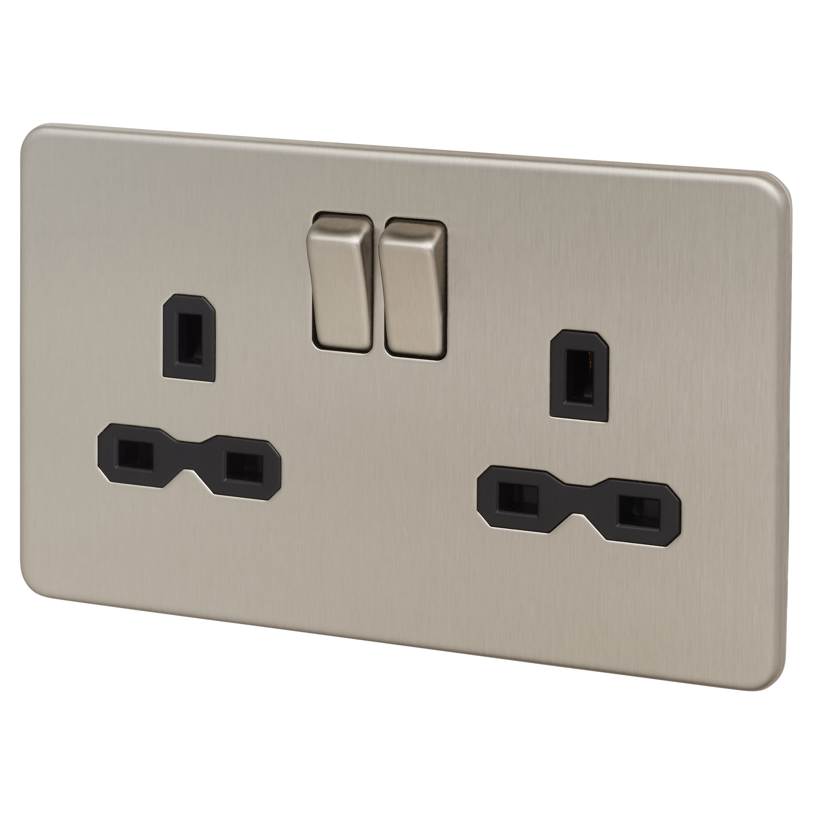 13A 2 Gang Screwless Flat Plate Switched DP Socket - Brushed Chrome with Black Insert