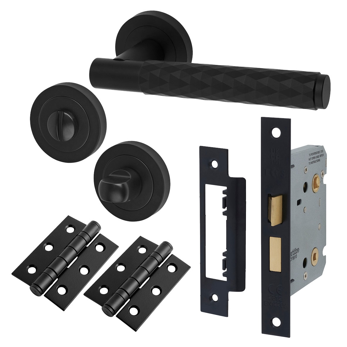 Matt Black Diamond Bathroom Lock Door Handles on Rose Pack - Luna Range
