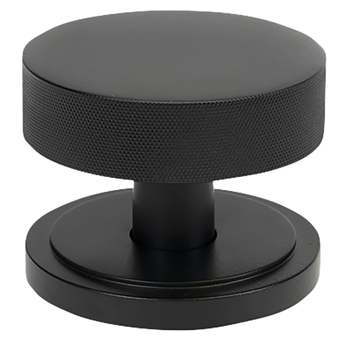 Brompton Matt Black Round Knurled Centre Door Knob on Art Deco Rose - 90mm Rose Diameter