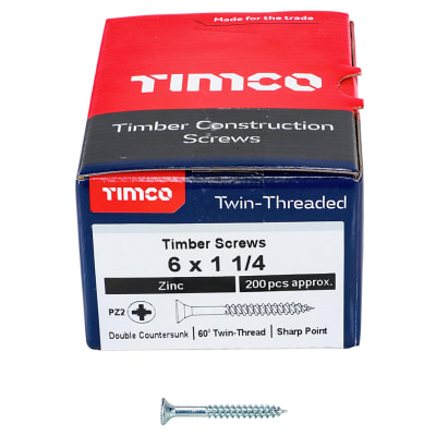 Twin Threaded Pozi Countersunk Wood Screws - 6 x 1 1/4" - Zinc Plated - Pack of 200