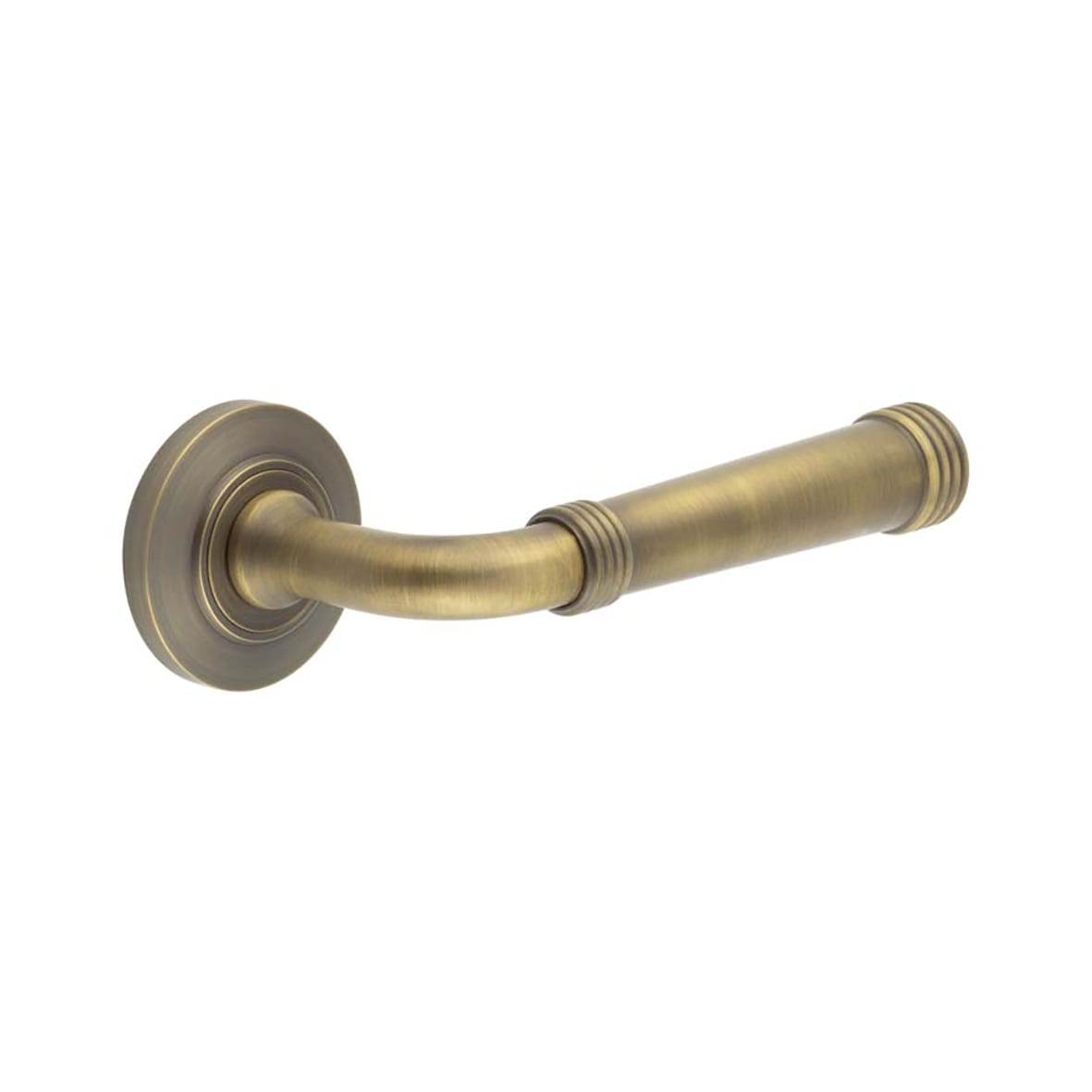 Antique Brass Fire Rated Door Handles on Round Chamfered Rose - Highgate Range