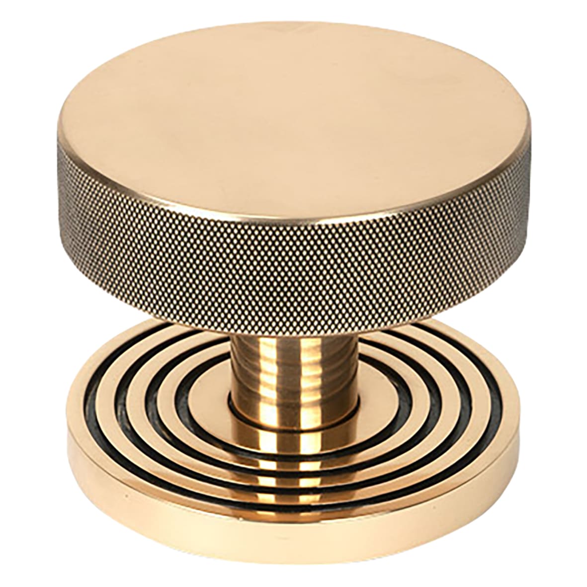 Brompton Polished Bronze Round Knurled Centre Door Knob on Beehive Rose - 90mm Rose Diameter
