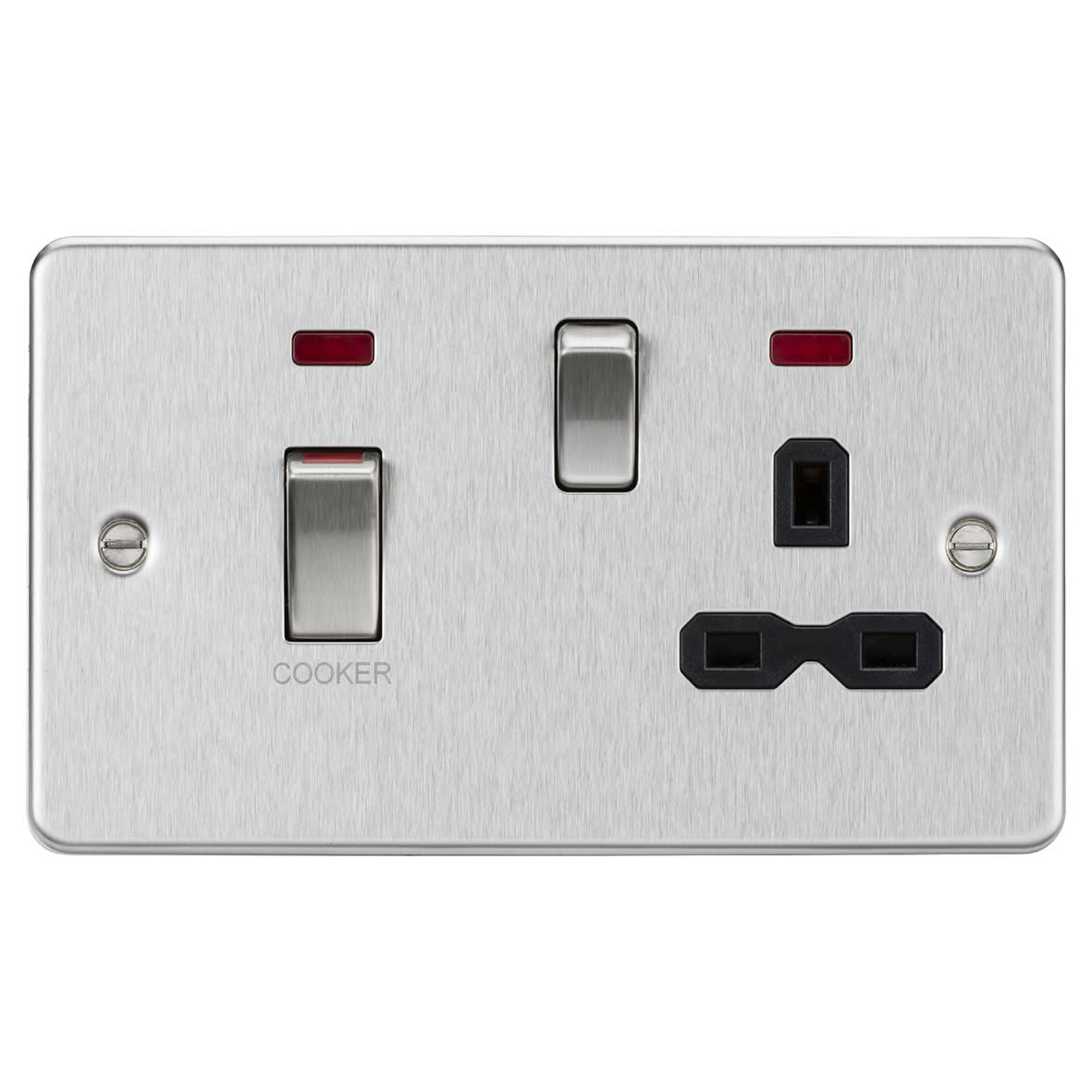 45A Flat Plate DP Cooker Switch & 13A Socket with Neons - Brushed Chrome/Black Insert