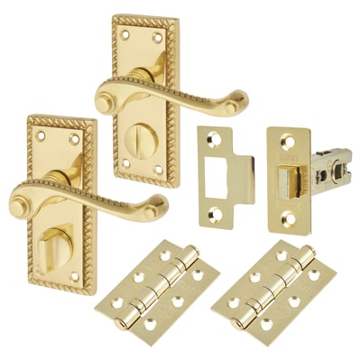 Polished Brass Georgian Rope Edge Scroll Privacy Latch Door Handles Pack - Short Plate