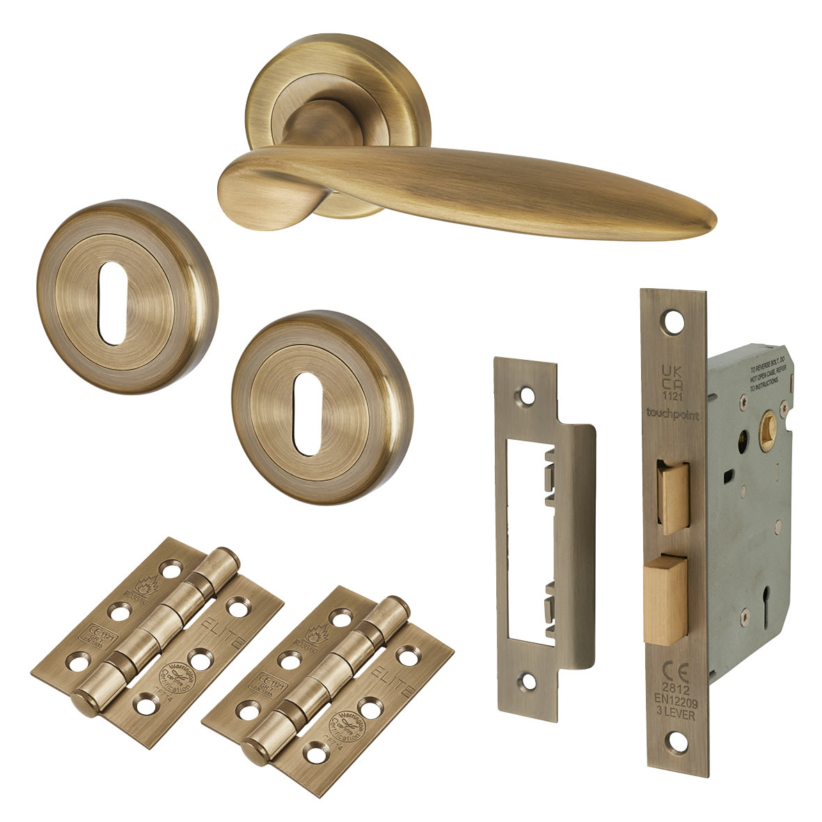 Antique Brass 3 Lever Sashlock Door Handles on Rose Pack - Lancaster Range