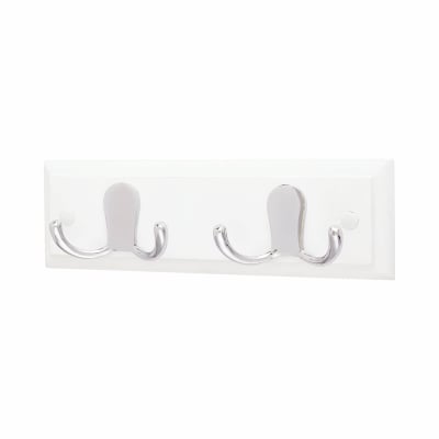 Double Coat Hook Rail - 225 x 70 x 15mm - 2 Hooks - White Board with Polished Chrome Hooks