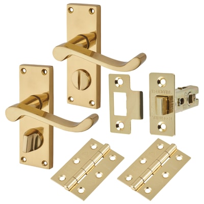 Polished Brass Budget Scroll Privacy Door Handles Pack - Short Plate