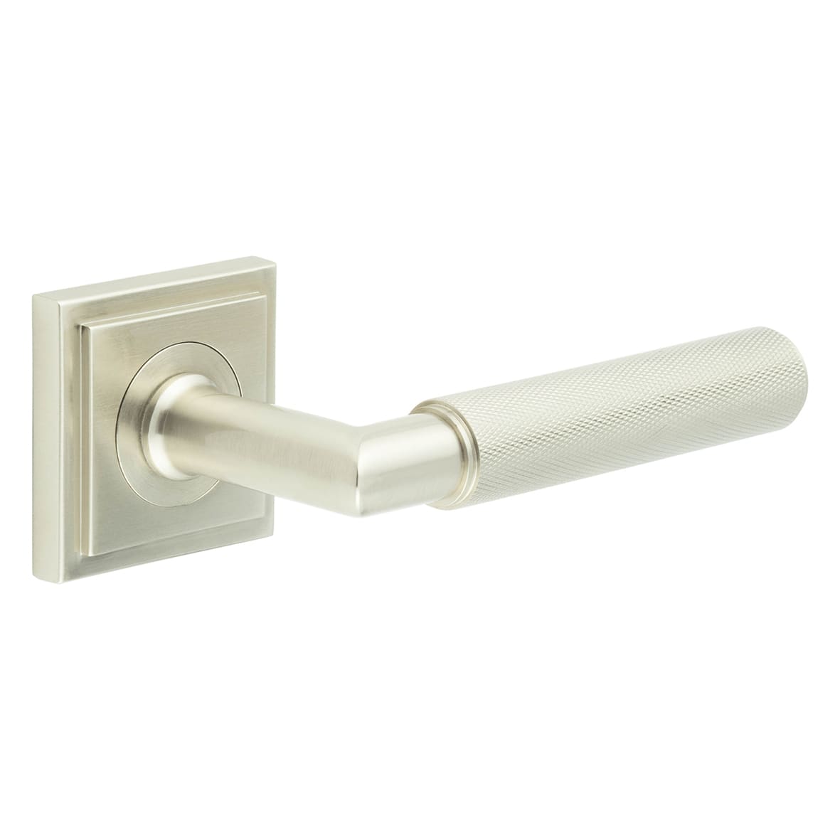Satin Nickel Knurled Fire Rated Door Handles on Square Stepped Rose - Piccadilly Range