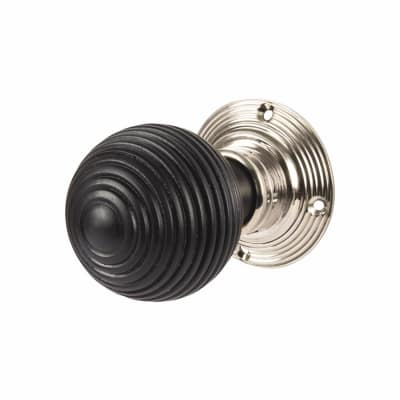 Ebony Knob & Polished Nickel Rose Beehive Mortice Door Knob - 58mm Rose Diameter