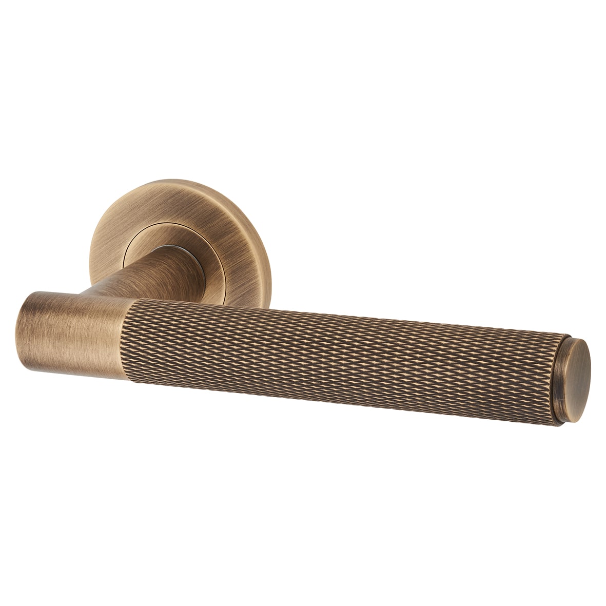 Antique Brass Knurled Door Handles on Round Rose - Spitfire Range