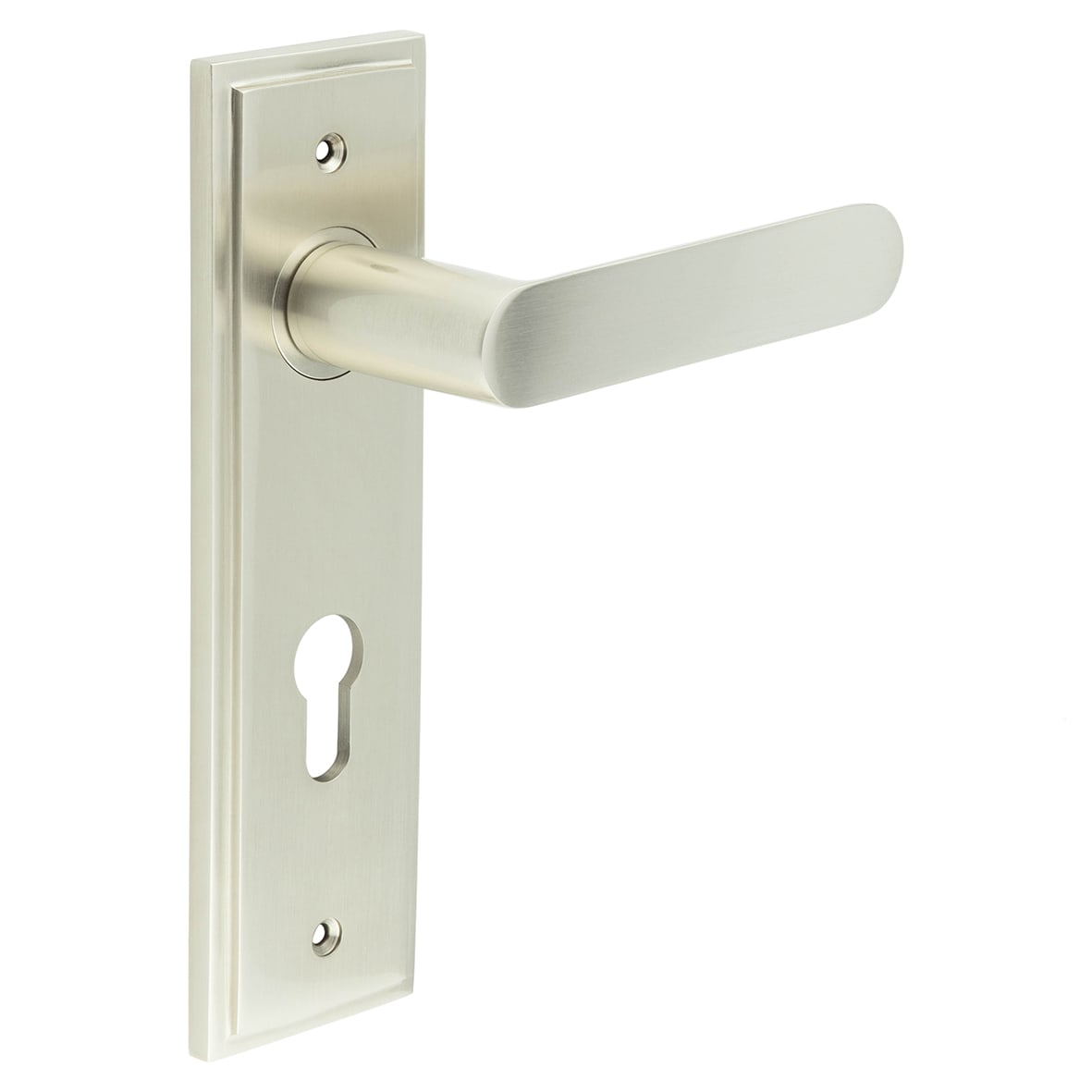 Satin Nickel Fire Rated DIN Euro Lock Door Handles - Kensington - 200 x 55mm