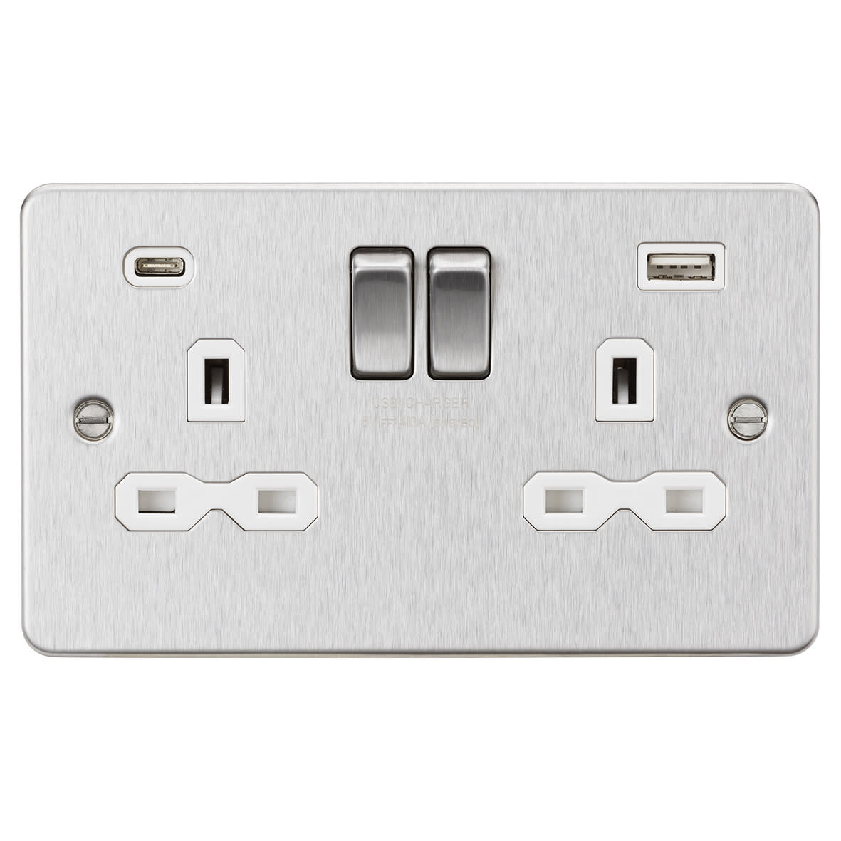 13A 2 Gang Flat Plate Type A/C USB Socket with 2 x USB - 4A - Brushed Chrome/White