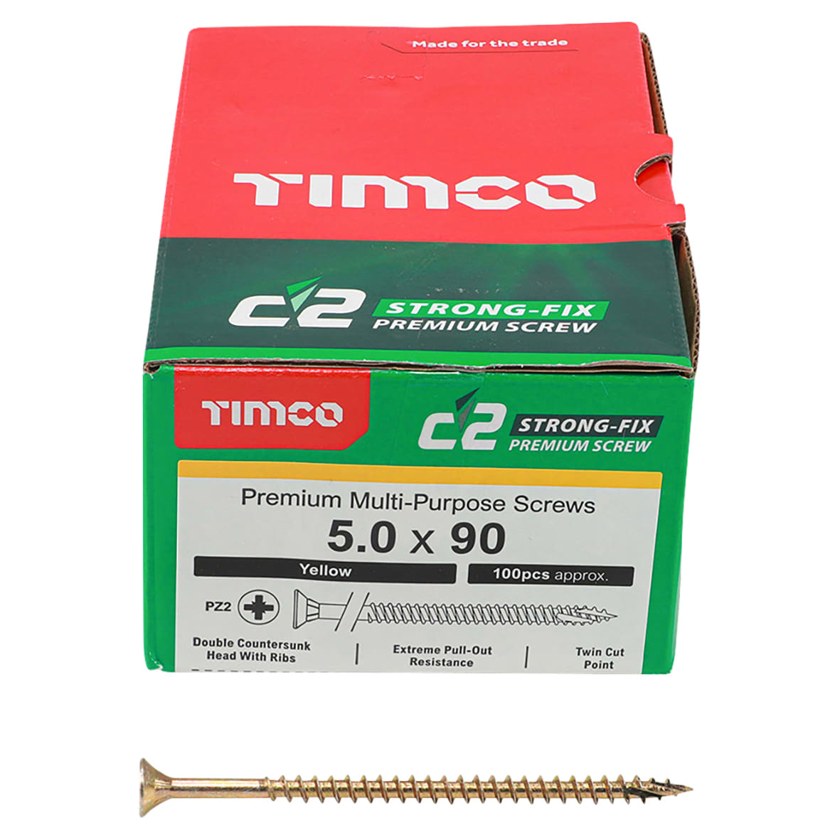 C2 Strong-Fix Pozi Double Countersunk Wood Screws - 5.0 x 90mm - Yellow Zinc - Pack of 100