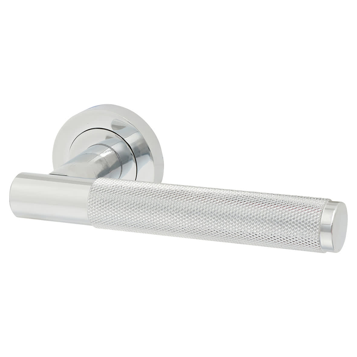 Polished Chrome Fire Rated Knurled Door Handles on Round Rose - Bari Range