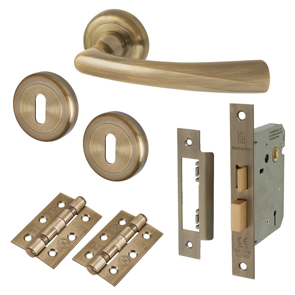 Antique Brass 3 Lever Sashlock Door Handles on Rose Pack - Rochester Range
