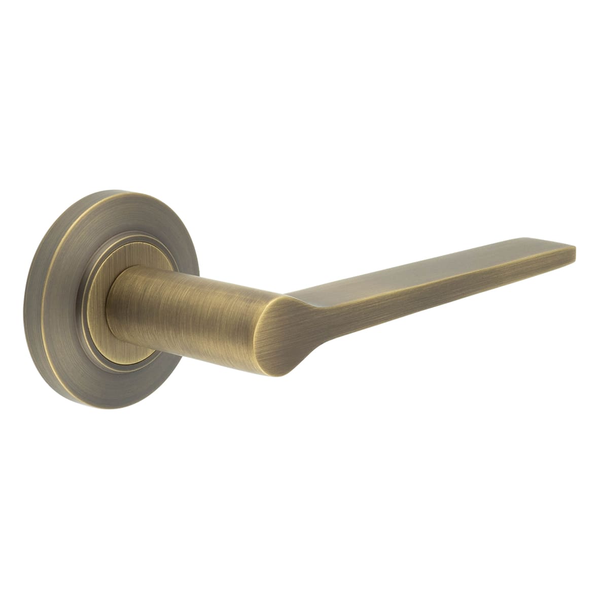 Antique Brass Fire Rated Door Handles on Round Chamfered Rose - Knightsbridge Range