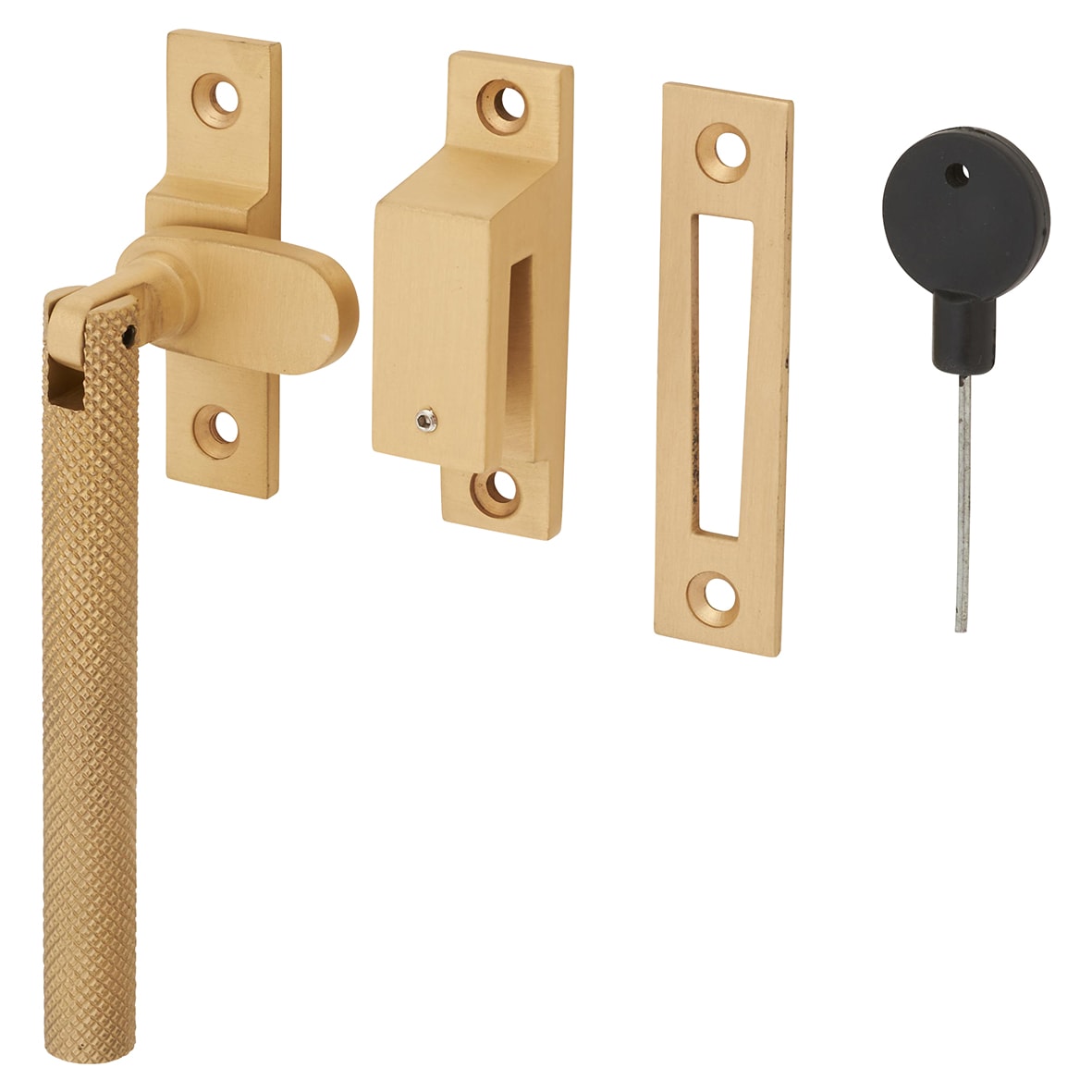 Willow Knurled Locking Mortice & Hook Plate Window Fastener - Reversible - Satin Brass