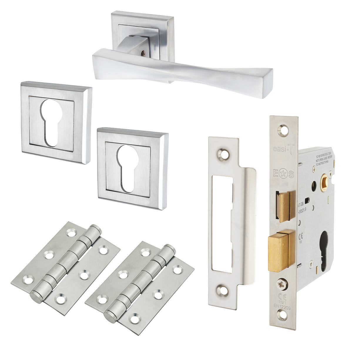 Satin Chrome Euro Lock Door Handles on Square Rose Pack - Spirit Range