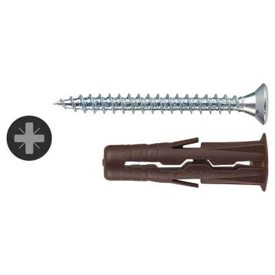 UNO Universal Wall Plugs and Screws - 7 x 30mm - Brown - Jar of 450 Plugs and 450 Screws