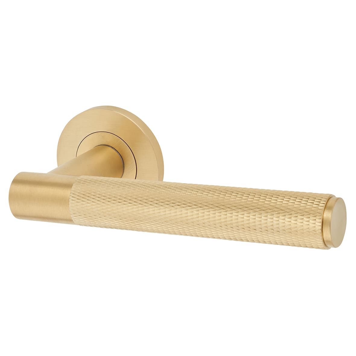 Satin Brass Knurled Door Handles on Round Rose - Spitfire Range