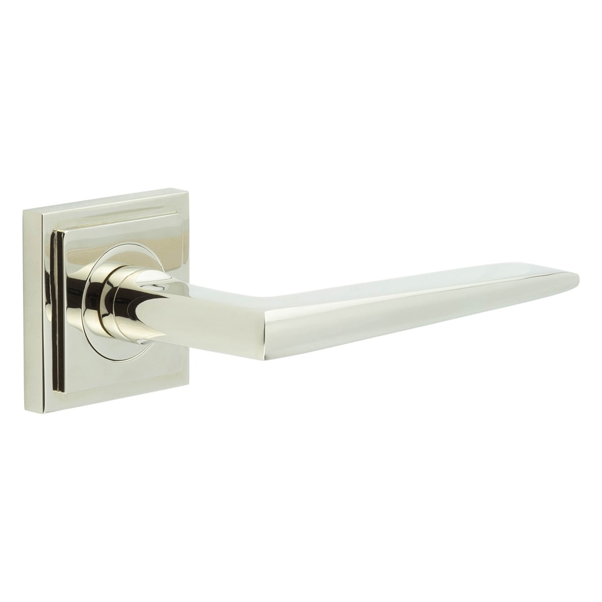 Polished Nickel Fire Rated Door Handles on Square Stepped Rose - Mayfair Range