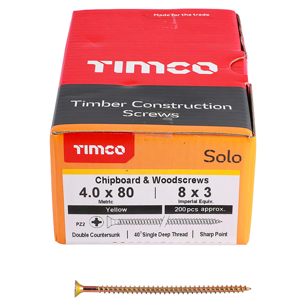 Solo Chippy Pozi Countersunk Wood Screws - 4.0 x 80mm - Yellow Zinc - Pack of 200