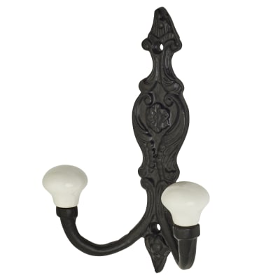 Double Coat Hook - 150 x 110mm - Black Iron & Porcelain