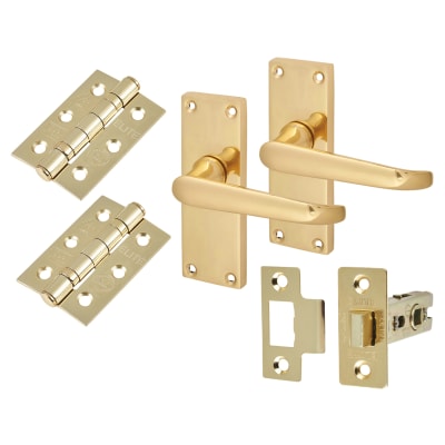 Polished Brass Victorian Straight Latch Door Handles Pack - Short Plate