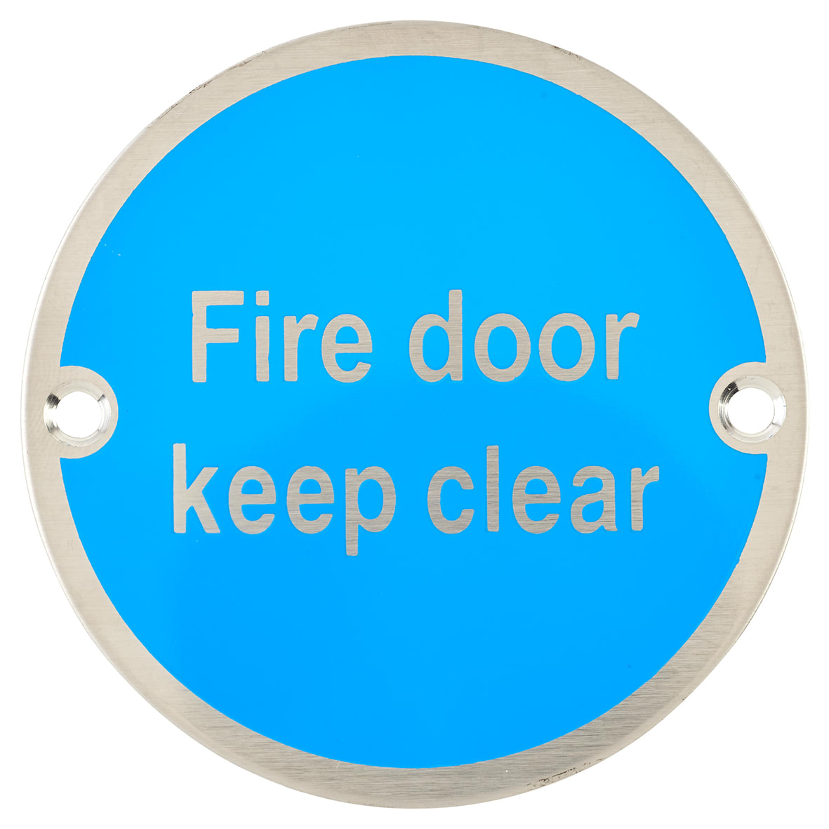 Fire Door Keep Clear Door Sign - 75mm Diameter - Neutral Lettering - Satin Stainless Steel