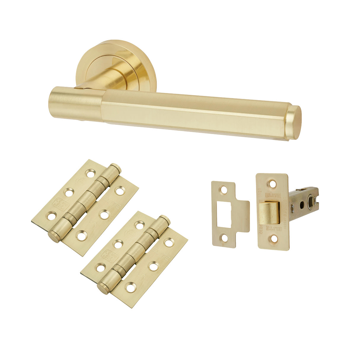 Satin Brass Hexagonal Latch Door Handles on Rose Pack - Juno Range