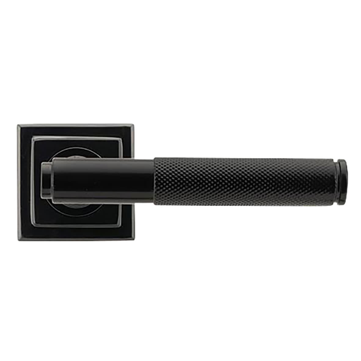 Black Knurled Door Handles on Square Rose - Brompton Range