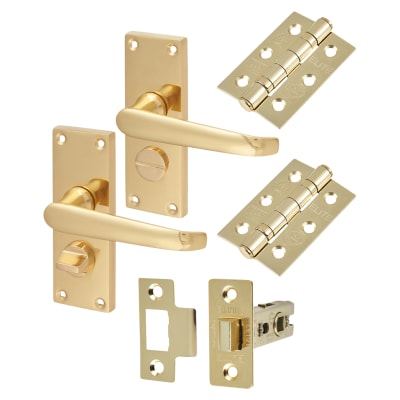 Polished Brass Victorian Straight Privacy Latch Door Handles Pack - Short Plate