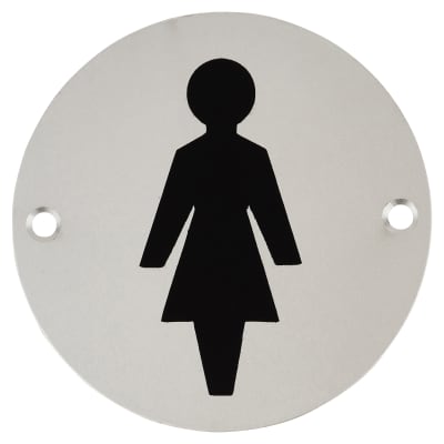Ladies Toilet Door Sign - 75mm Diameter - Satin Aluminium