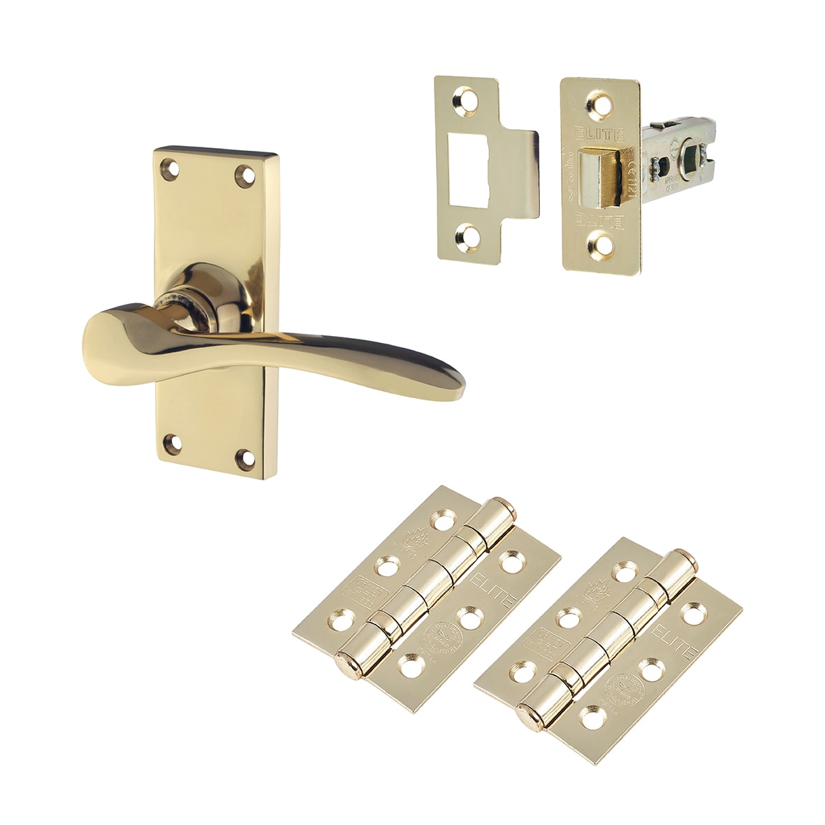Polished Brass Latch Door Handles Pack - Short Plate - Buckingham Range