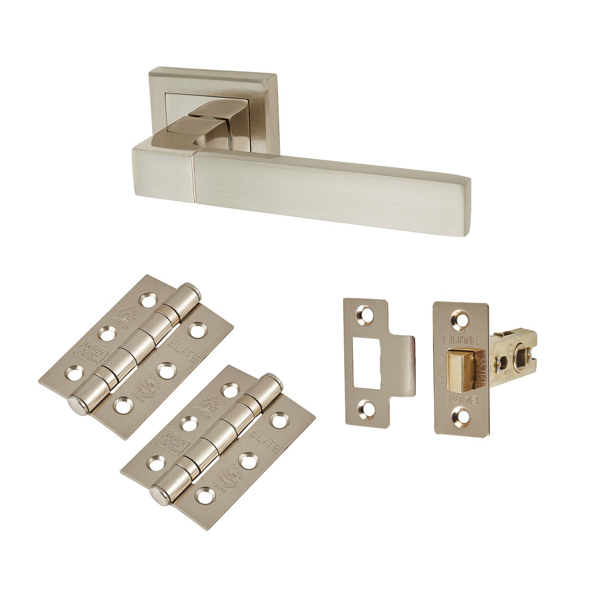 Polished/Satin Nickel Latch Door Handles on Square Rose Pack - Gama Range