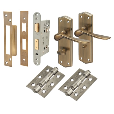 Antique Brass Bathroom Lock Door Handles Pack - Rome Range
