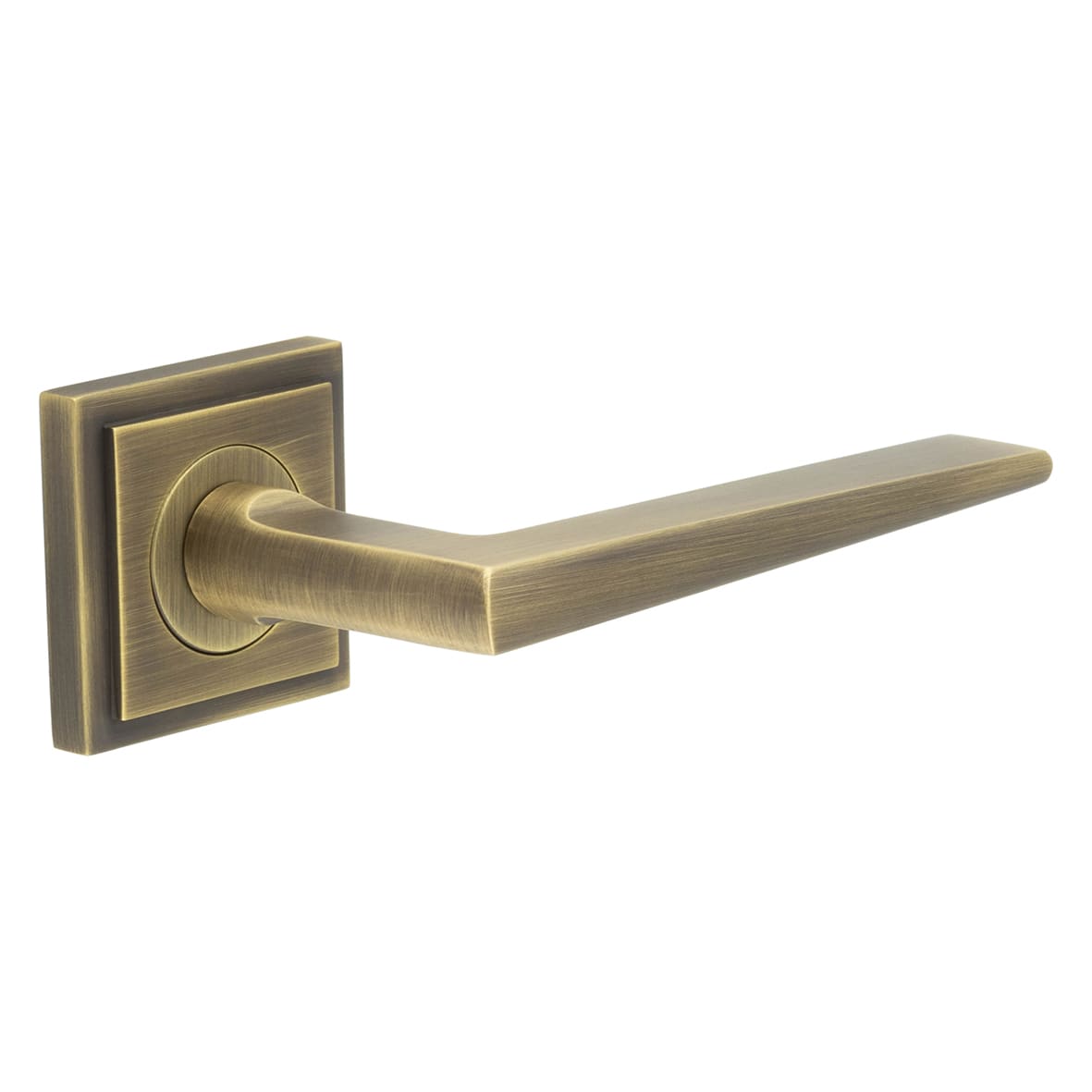 Antique Brass Fire Rated Door Handles on Square Stepped Rose - Mayfair Range