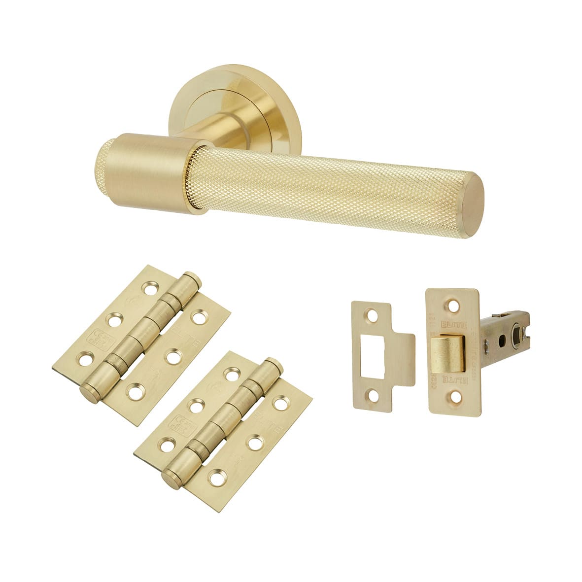 Satin Brass Knurled Latch Door Handles on Rose Pack - Esme Range