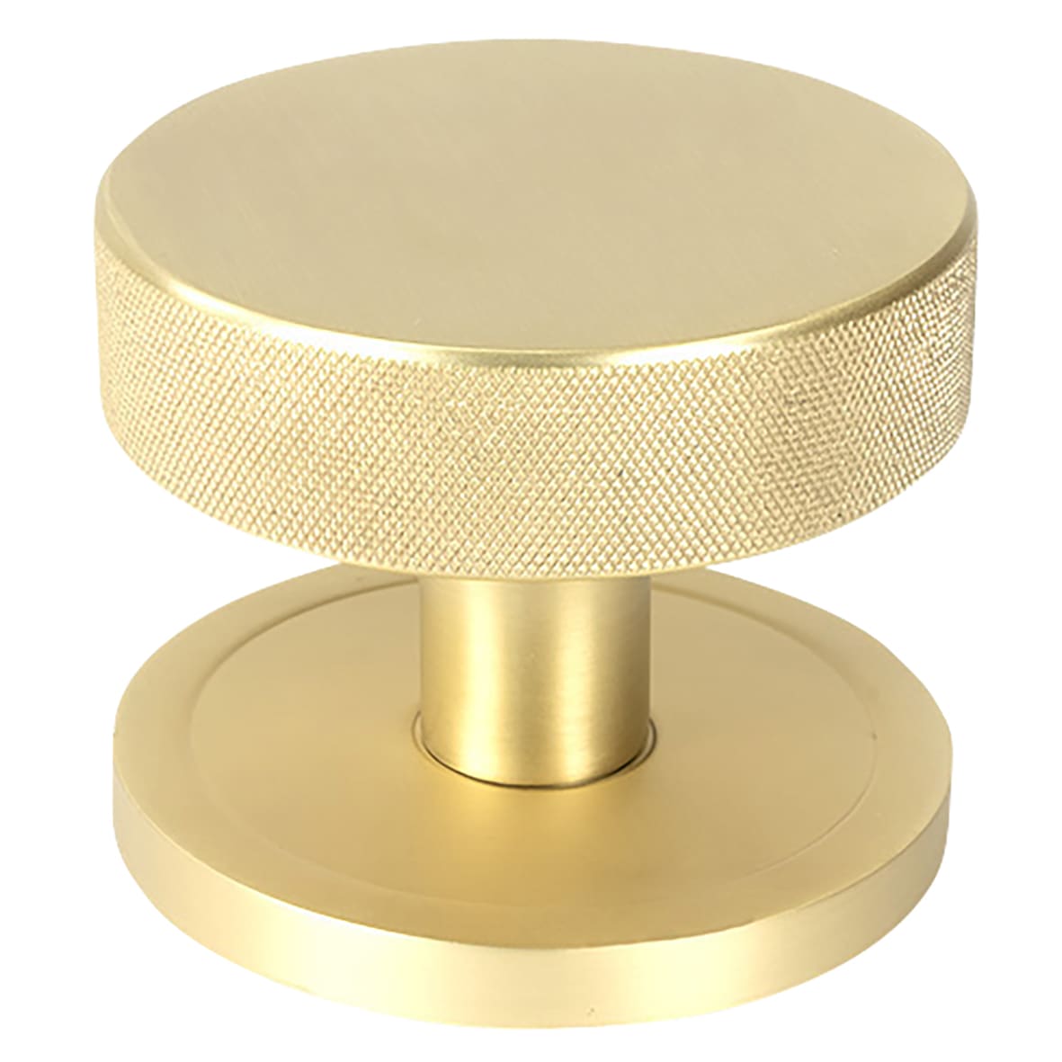 Brompton Satin Brass Round Knurled Centre Door Knob - 90mm Rose Diameter