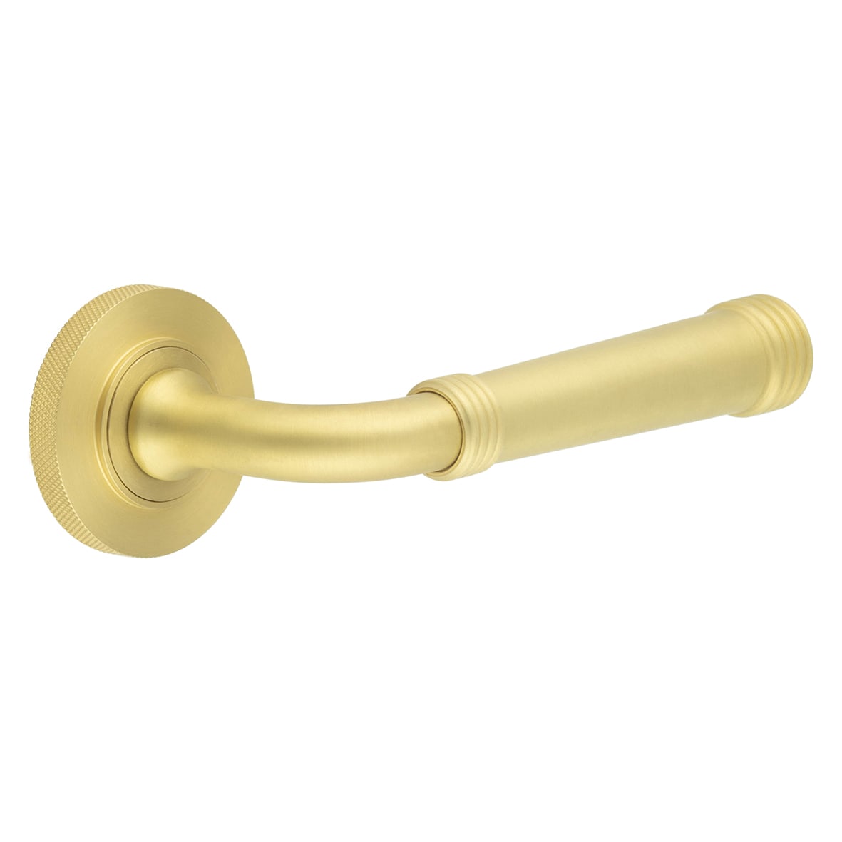 Satin Brass Fire Rated Door Handles on Round Knurled Rose - Highgate Range