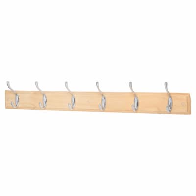 Hat & Coat Hook Rail - 685 x 70mm - 6 Hooks - Pine Board with Polished Chrome Hooks