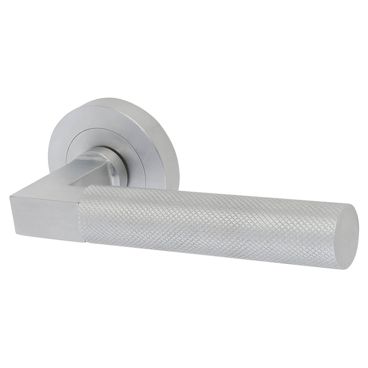 Satin Chrome Knurled Door Handles on Round Rose