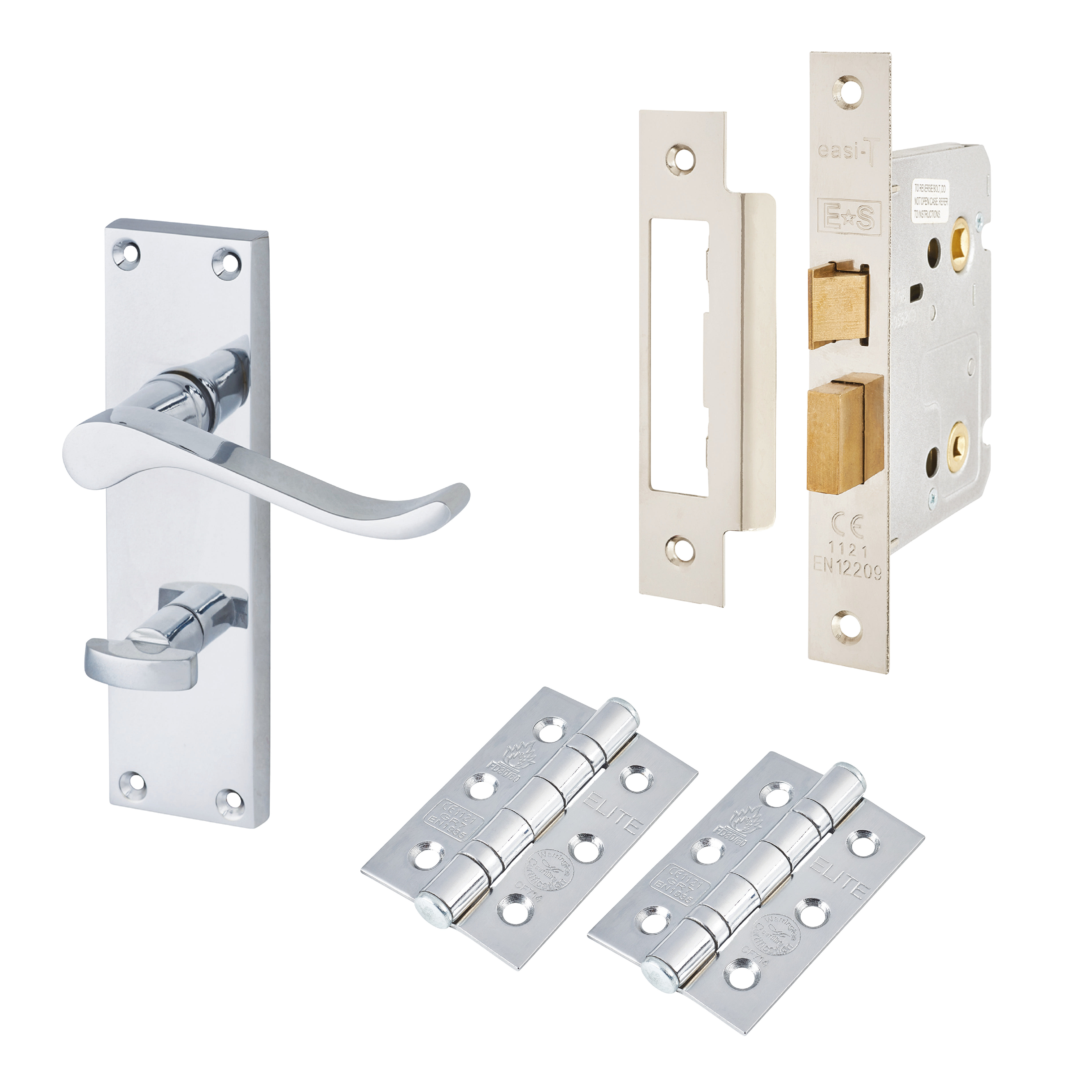 Polished Chrome Budget Scroll Bathroom Lock Door Handles Pack - Mia Range