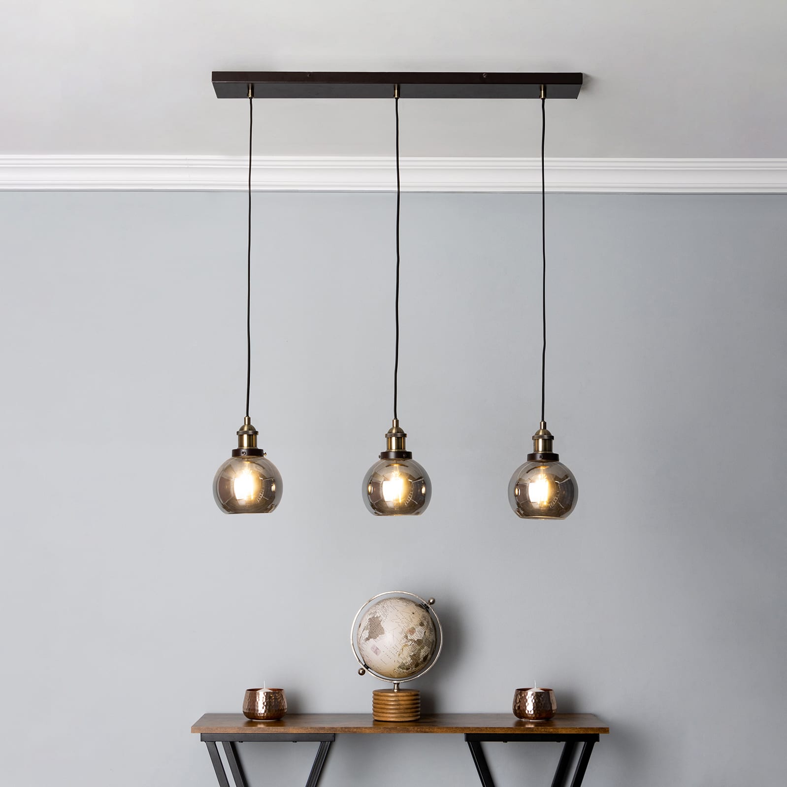 Carter Industrial 3 Light Ceiling Pendant - Bronze Fittings and Smoke Glass Shades